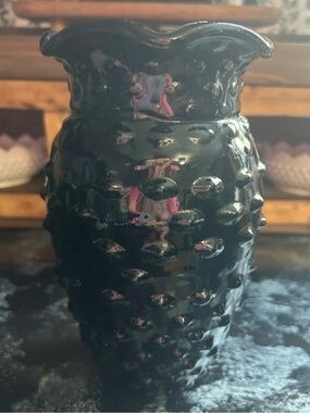 Vintage L.E. Smith Black Amethyst Glass Hobnail Ruffled Vase 8"